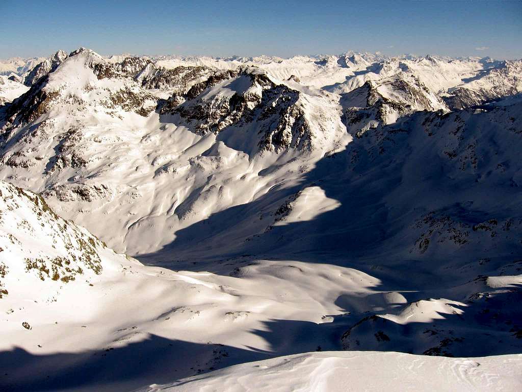 The Val Bever seen from the summit of Piz Surgonda.