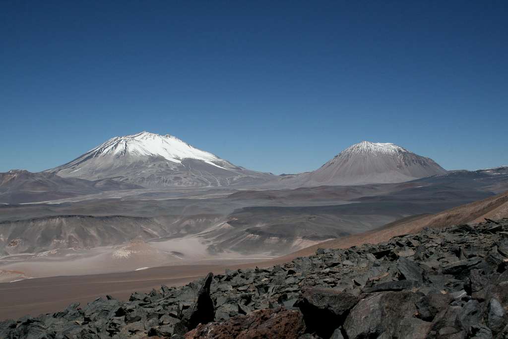 Cerro Incahuasi (6,621m) and El Fraile (6,061m) from ca. 5,000m on Cerro Mulas Muertas