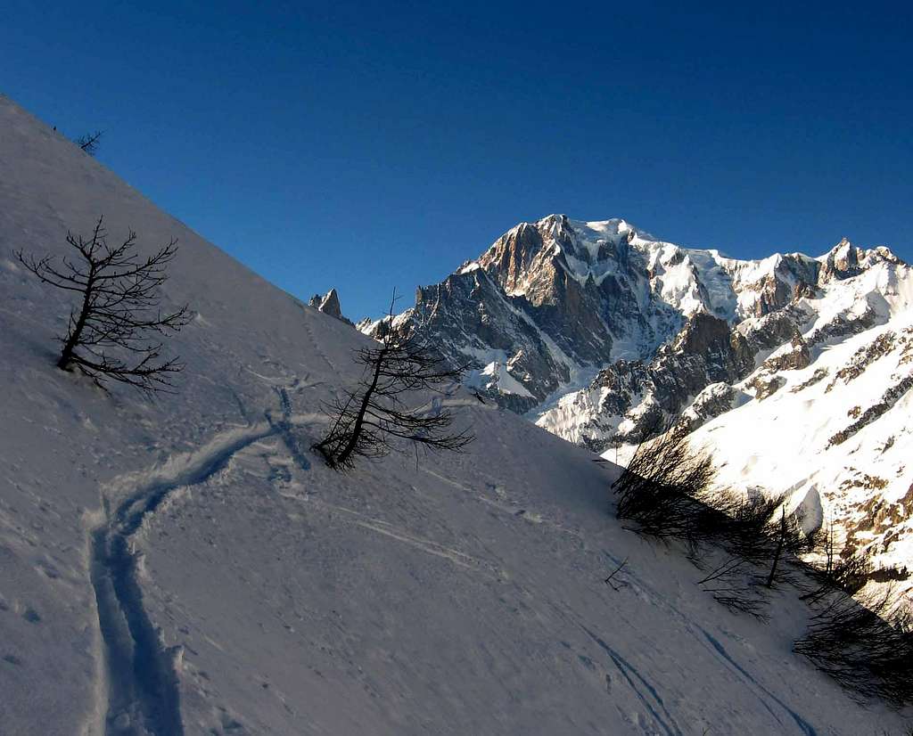 Ski route to Testa Bernarda.Mont Blanc on the background.
