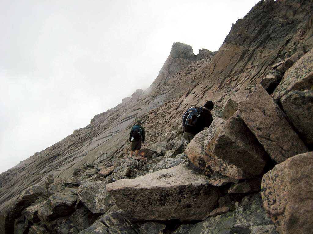 Longs Peak-The Descent-The Ledges-K and Dan-Dan looking for the way to the Keyhole