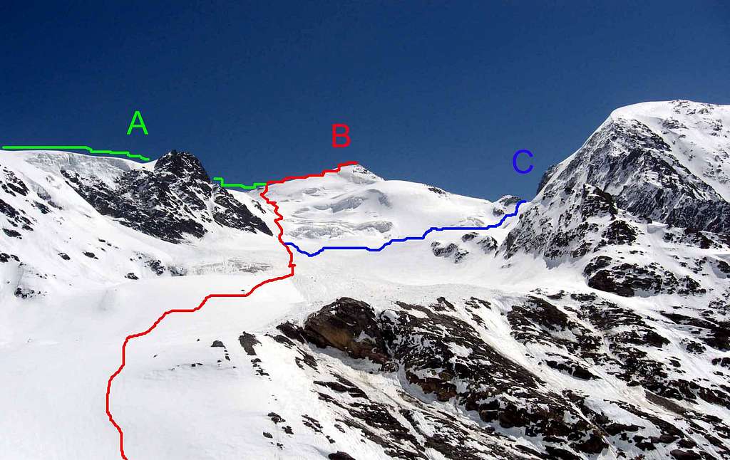 All the routes seen from the base of glacier Cedec.
