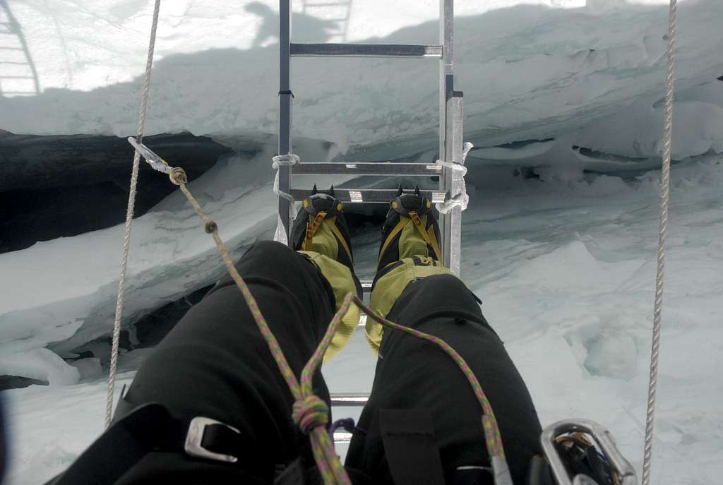 Khumbu Icefall standing over a crevasse