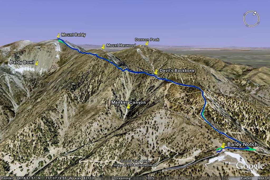 Google Earth rendition of my track up Mount Baldy from Baldy Notch