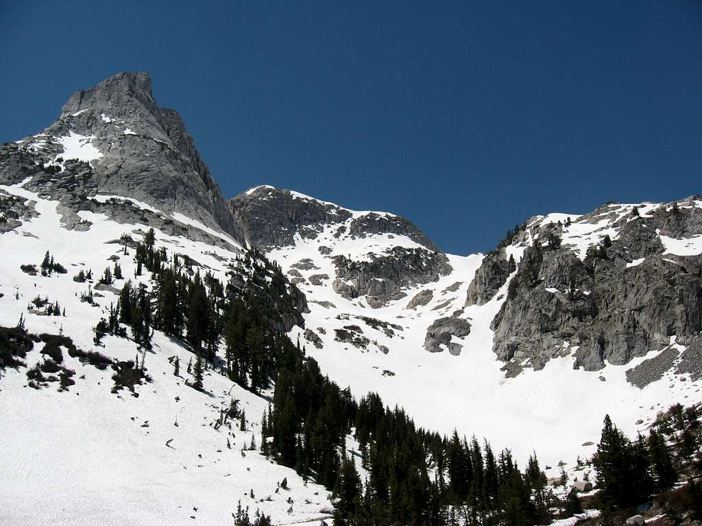 Looking up at the route on Tower Peak