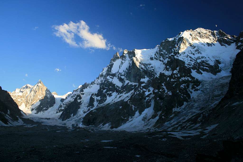 The Shkhelda Peaks (right) and Schurovskogo (left)