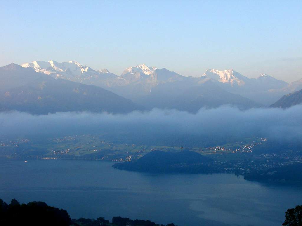 Bluemlisalp and Balmhorn/Altels with Thune lake at dawn