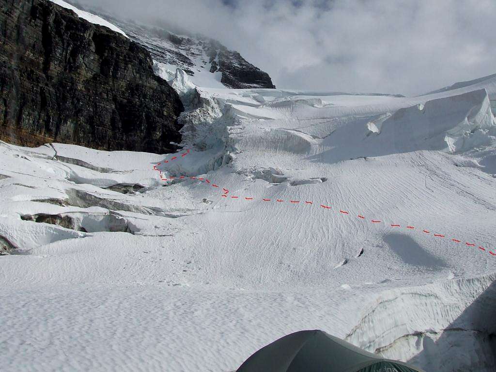 Route taken to the base of the icefall on Mount Sir Alexander
