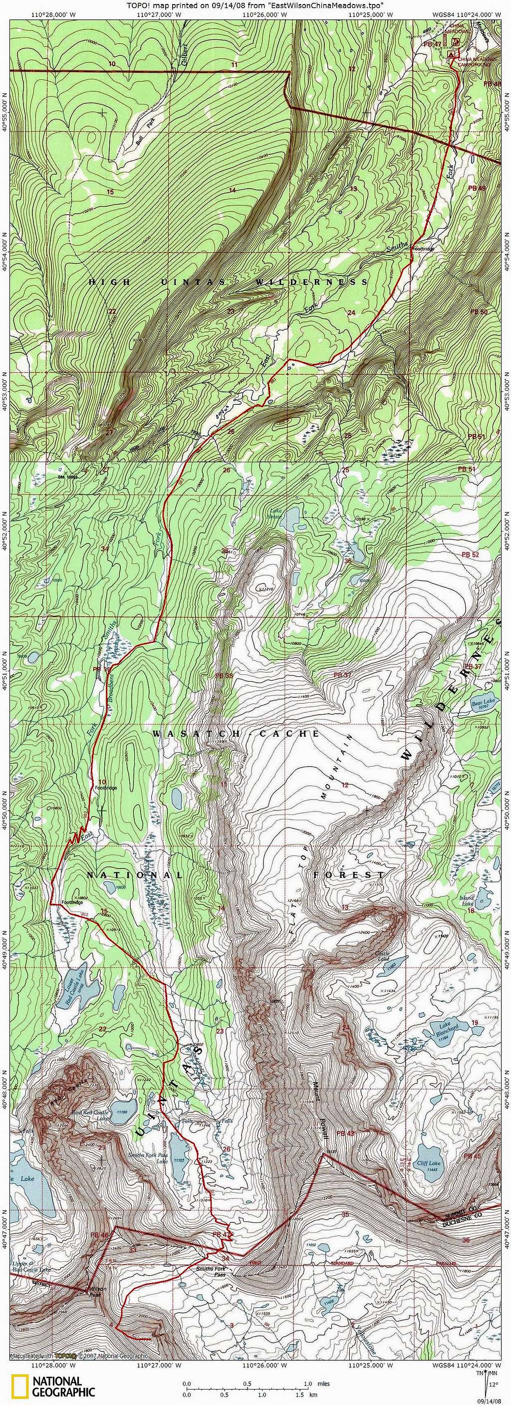 Topo map of route from China Meadows