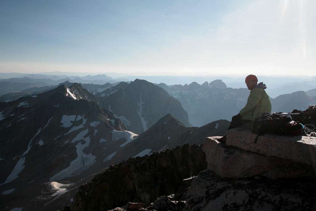 Damon Vrabel on the summit...glacier peak and lowe couloir in background