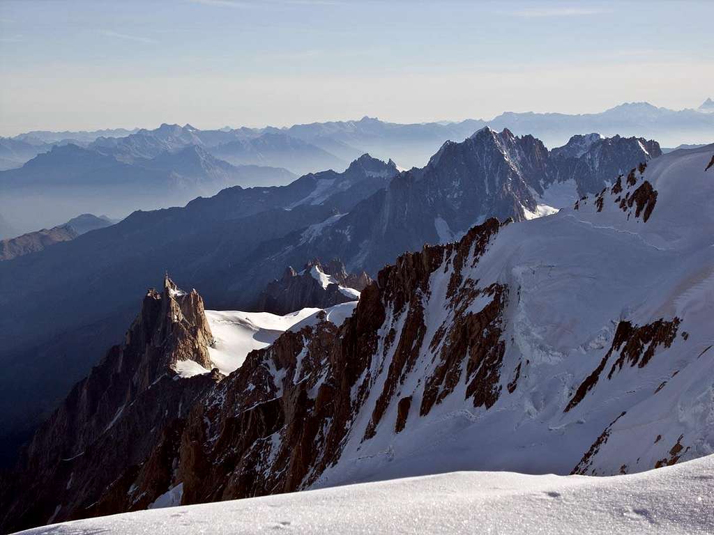 Looking across to the Aiguille du Midi from near the summit of Mont Blanc