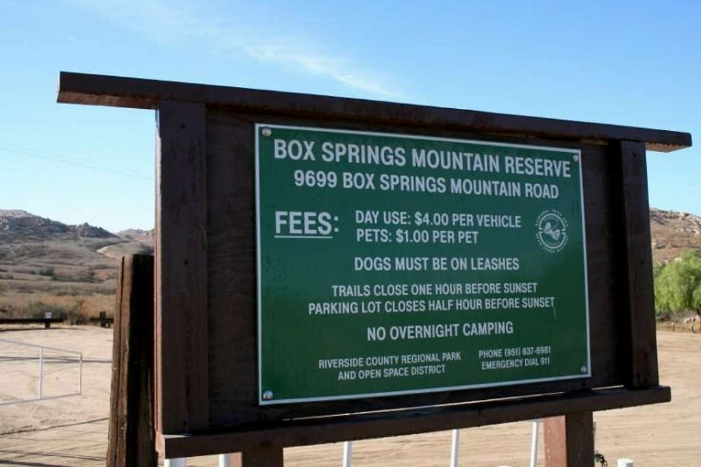 Box Springs Mountain Parking Lot Fee Sign