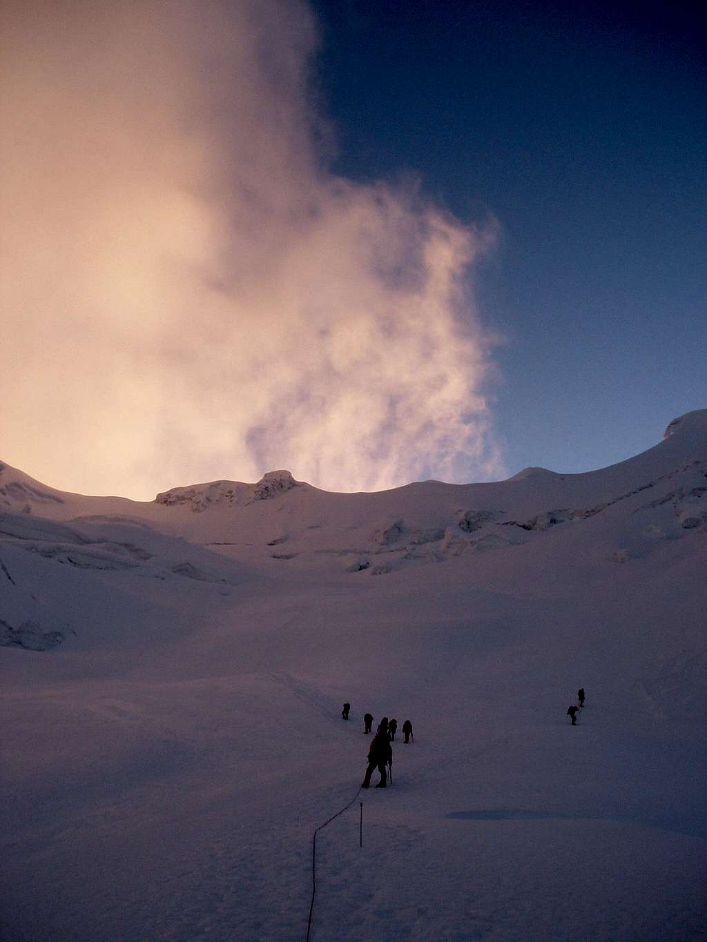 Approaching the bergshrund at sunrise