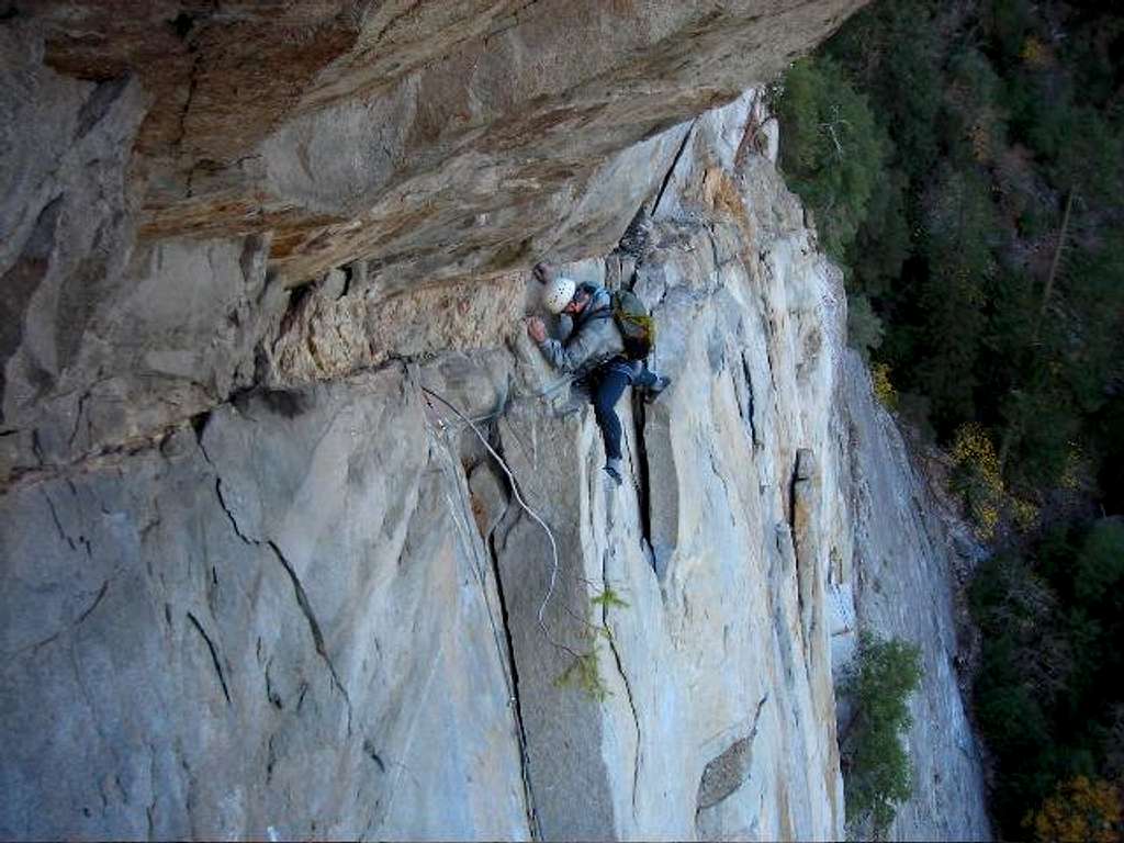 Exposed, stem move on Leaning Tower Traverse. Yosemite.
