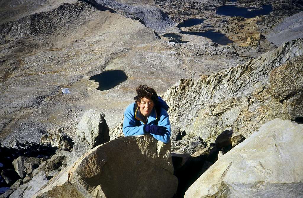 My wife, Carolyn climbing a steep gully to Mt. Agassiz