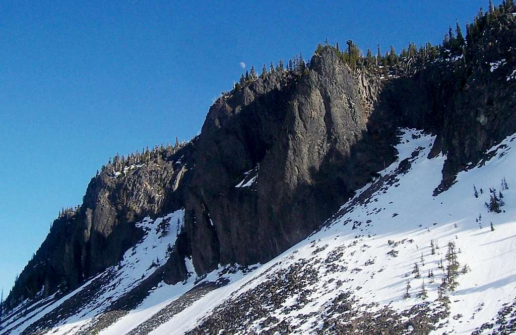 Hayrick Butte w/rock buttress and moon above
