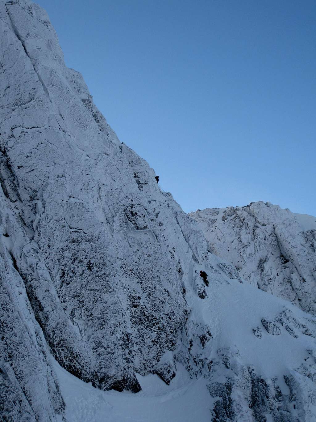 Climbers on the upper pitches of Number 3 Gully Buttress on Ben Nevis