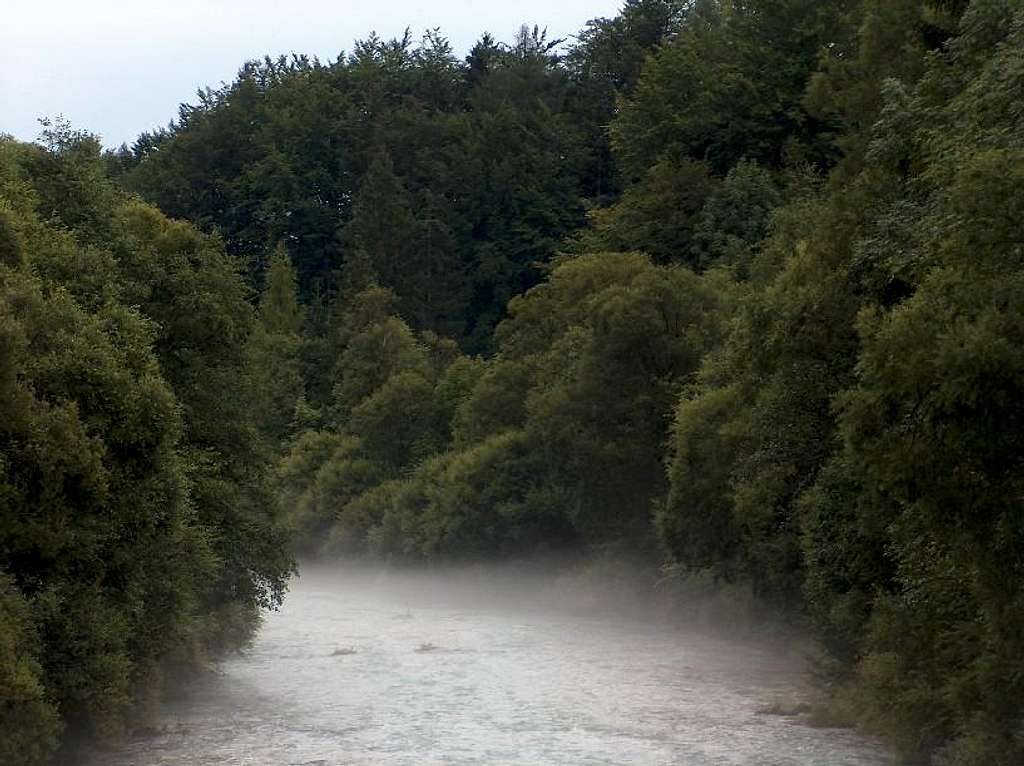 Foggy river after the storm, as we drive near Kranjska Gora