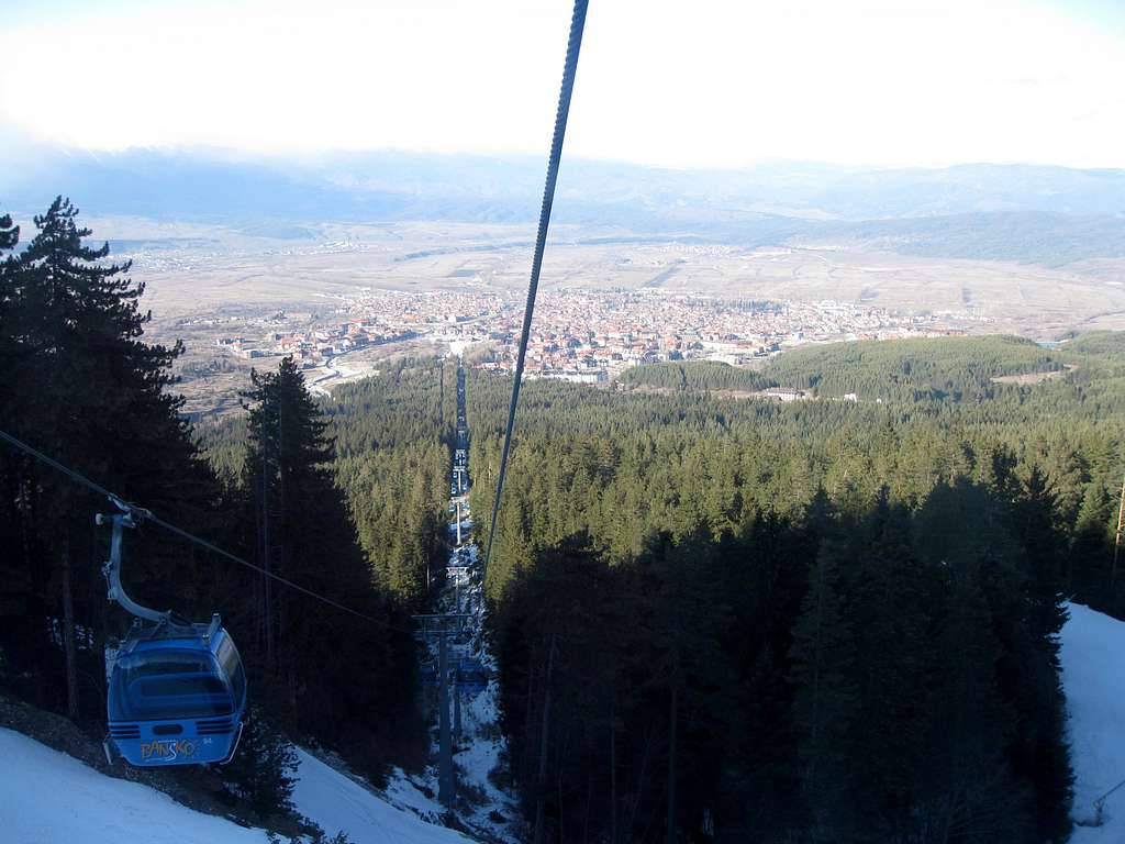 Bansko's gondola rising above Bansko