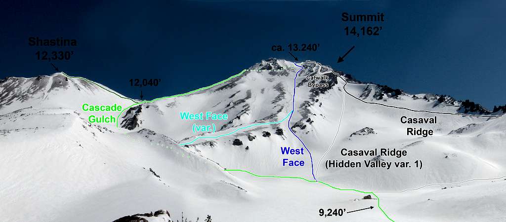 West Face Routes of Mt Shasta from Hidden Valley