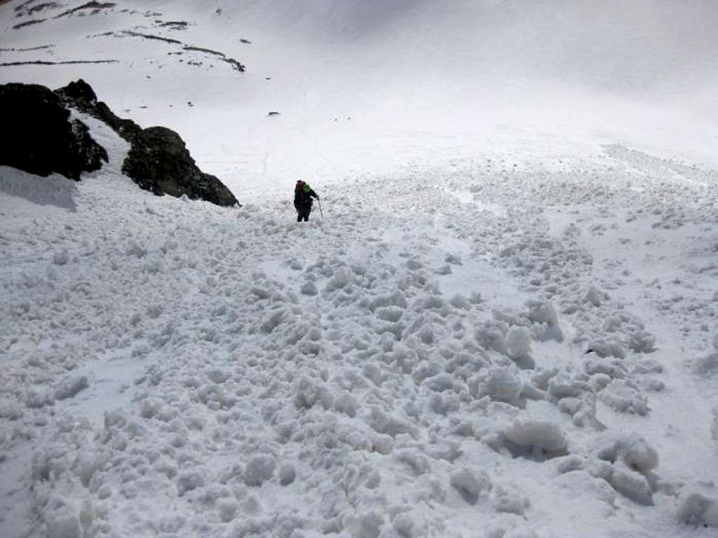 Trevor climbing through the top of the Avalanche Debris