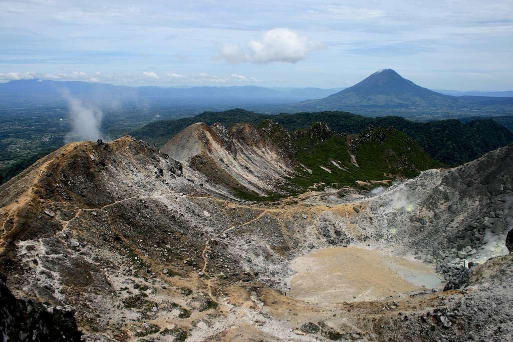 Gunung Sibayak's crater with Gunung Sinabung in background