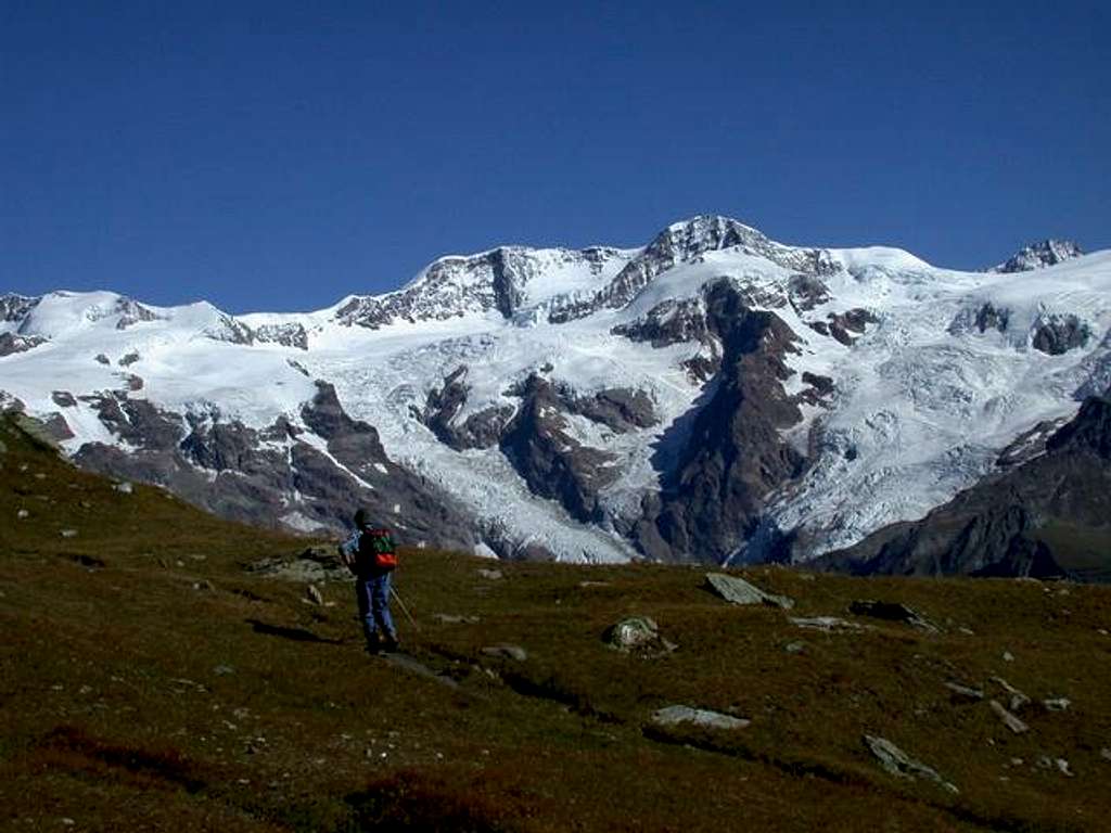 Hiking in front of Monte Rosa.