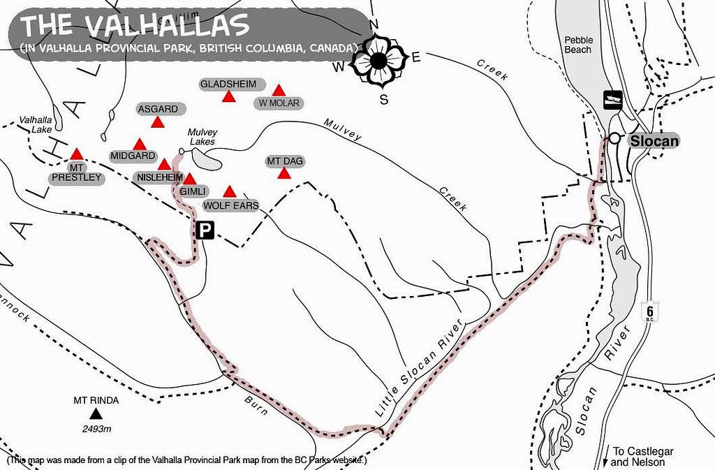 Approach information for peaks of the Valhalla Range, British Columbia