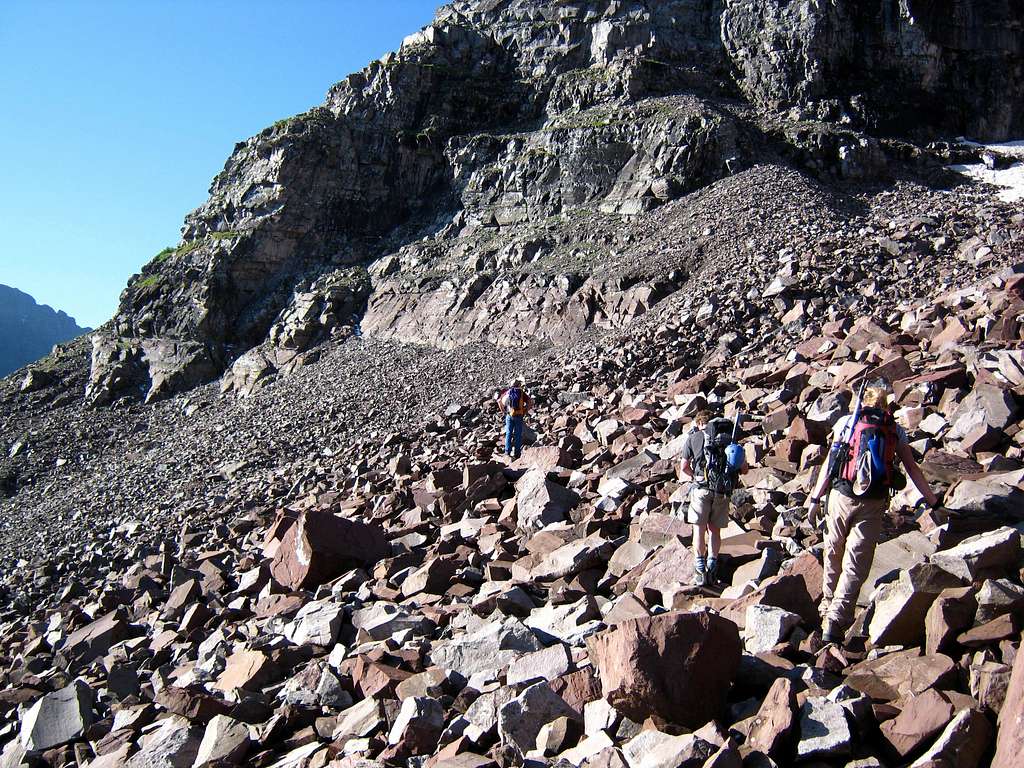 The talus approach to the grassy gully