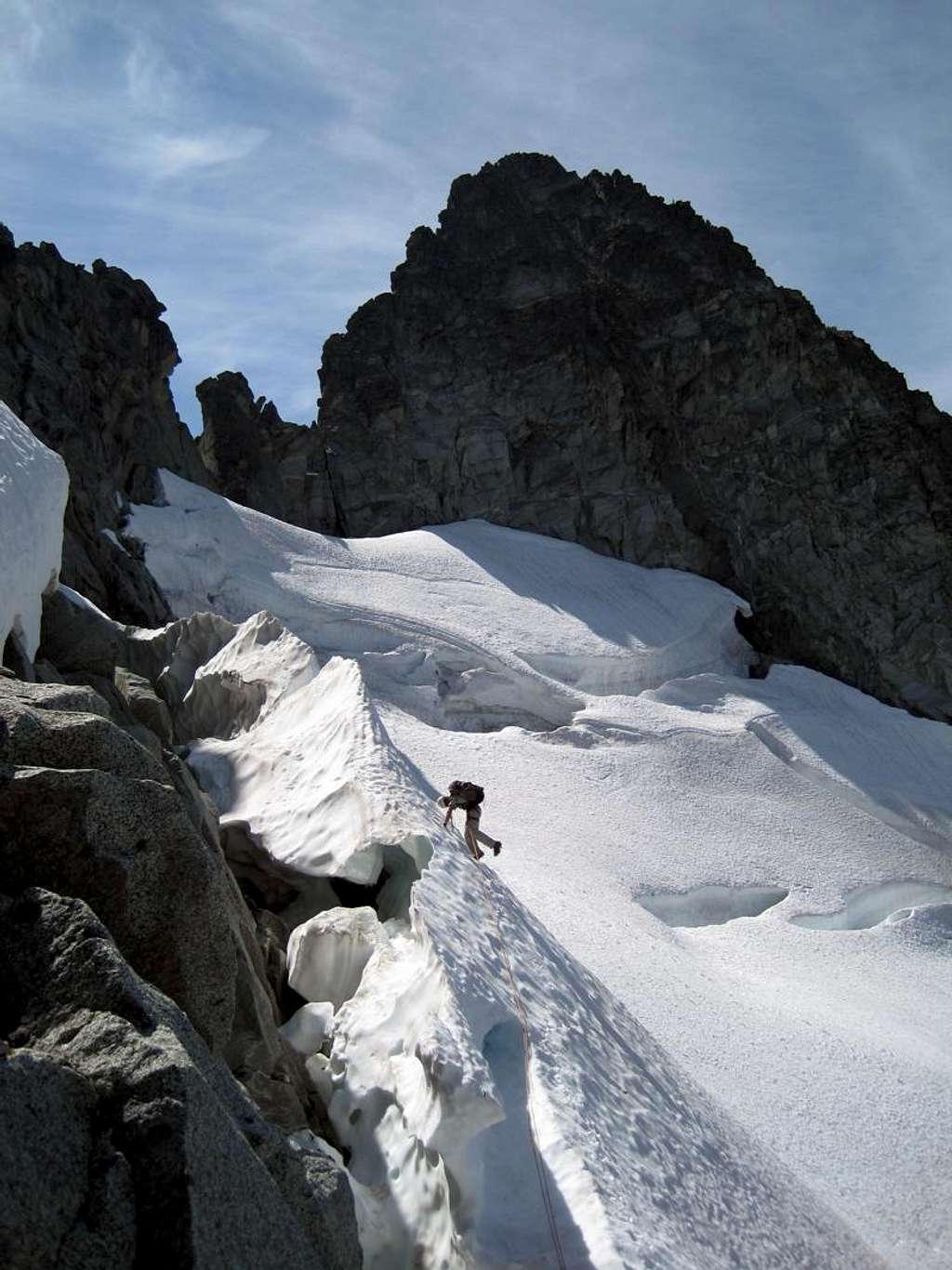 Late season moat and bergshrund cruxes on Torment-Forbidden Traverse