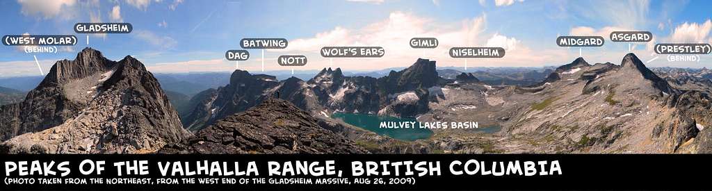 The Valhalla Range labelled panorama, British Columbia