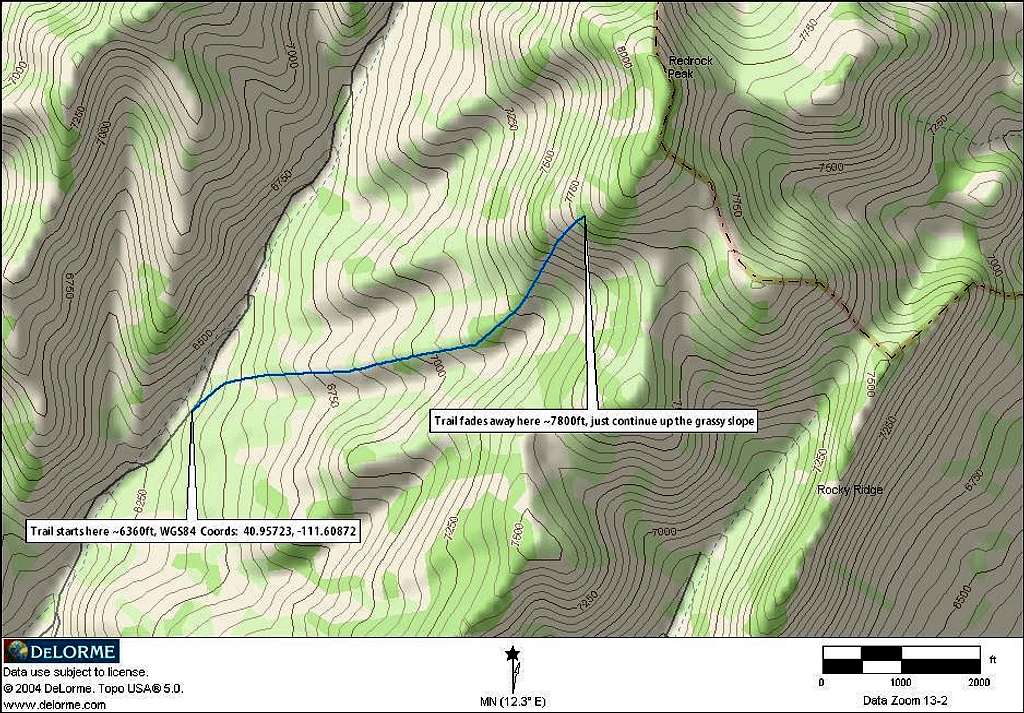 Redrock Peak map of southwest ridge trail