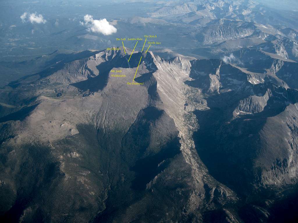 Longs Peak from the air, with prominent features labeled