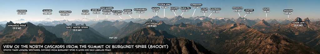 Labelled Panoramic view of the North Cascades from the summit of Burgundy Spire