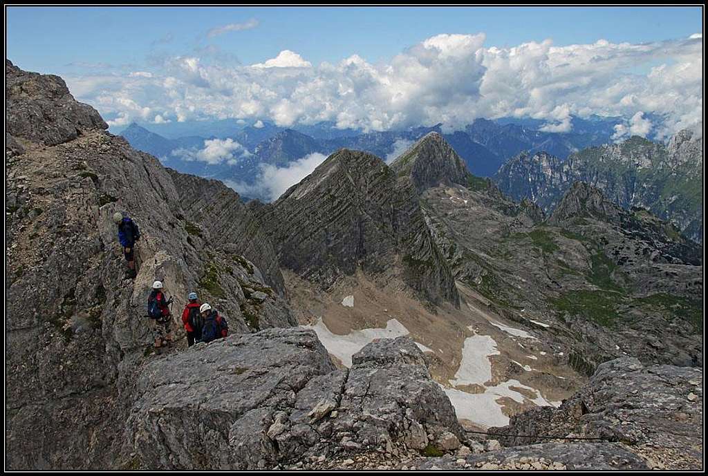 Czech climbers on the summit ridge of Kanin/Canin