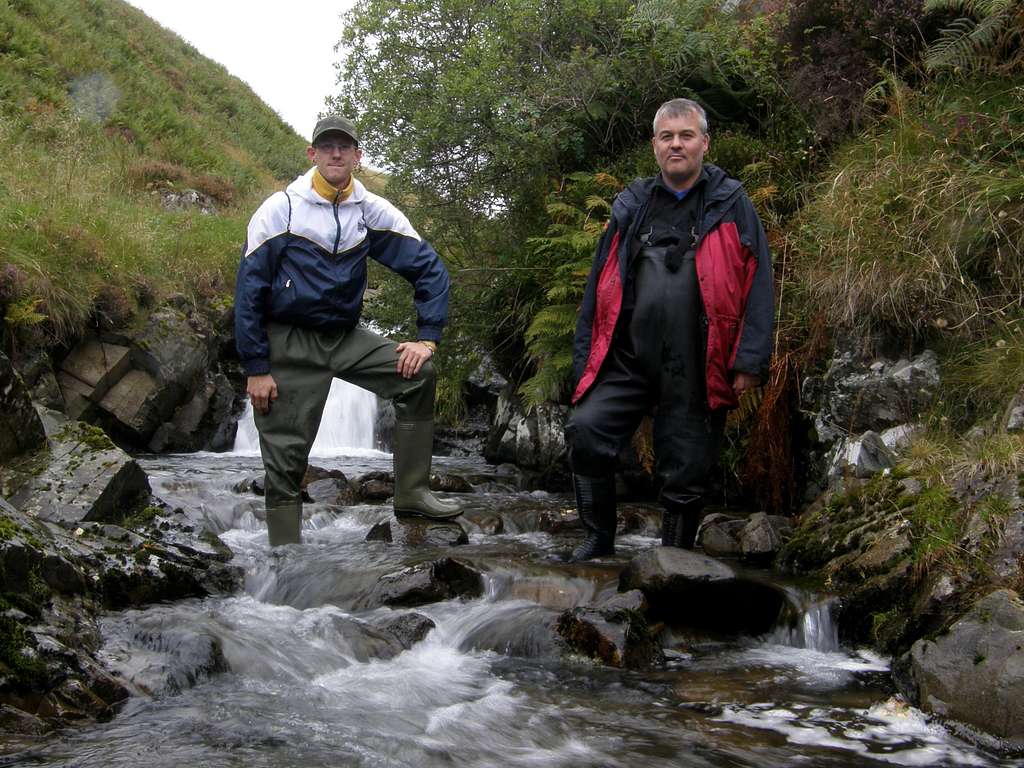 Nick and I waders in Linghope Burn