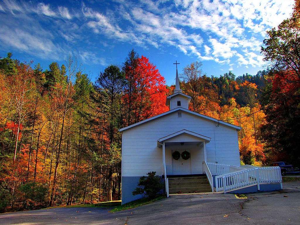 Little white church and fall colors in the Appalachians of NC