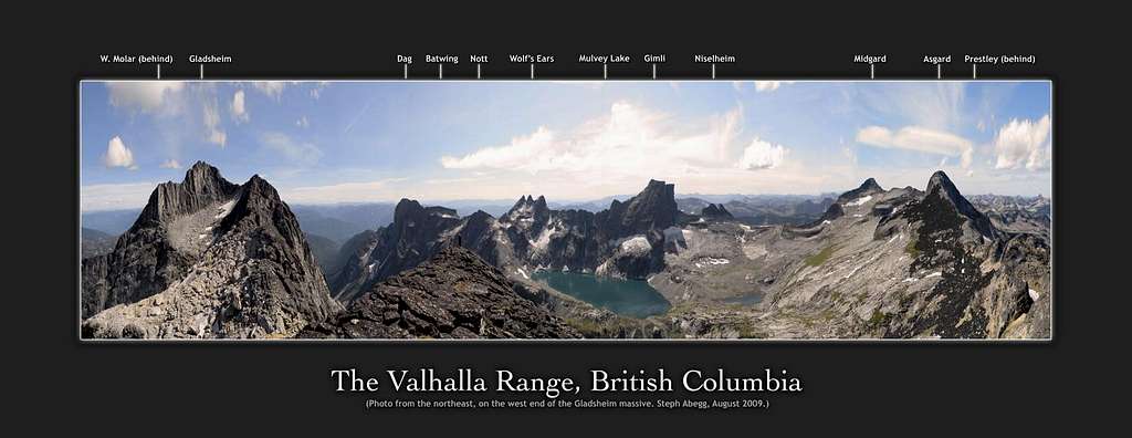 Labeled panorama of Valhalla Range, British Columbia