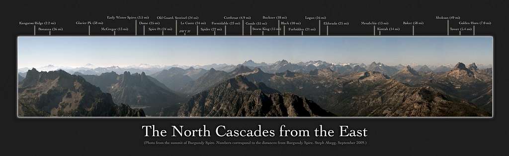 Labeled panorama of North Cascades from the summit of Burgundy Spire