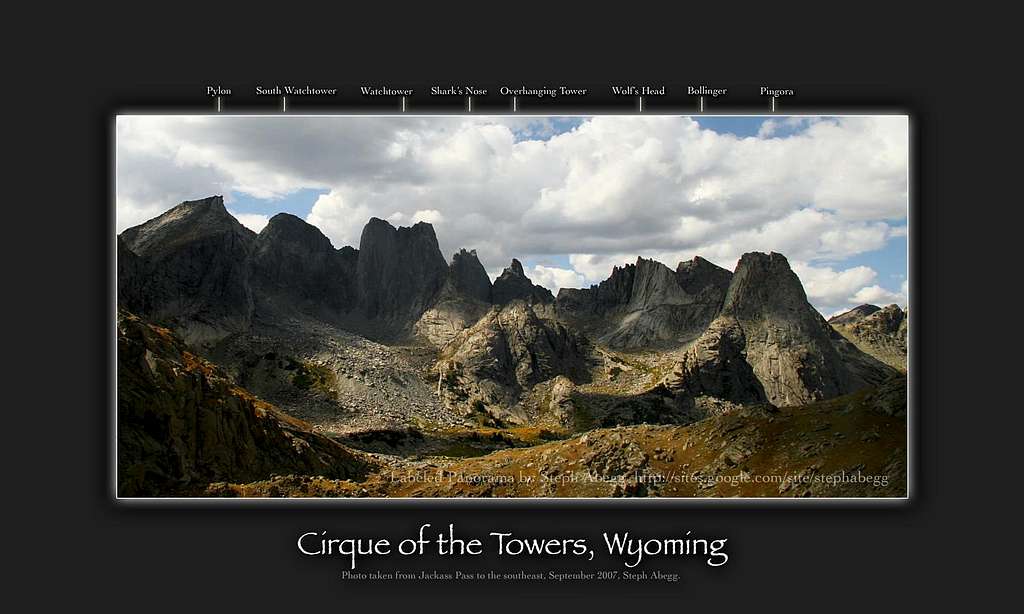 Labeled panorama of the Cirque of the Towers (version 2)