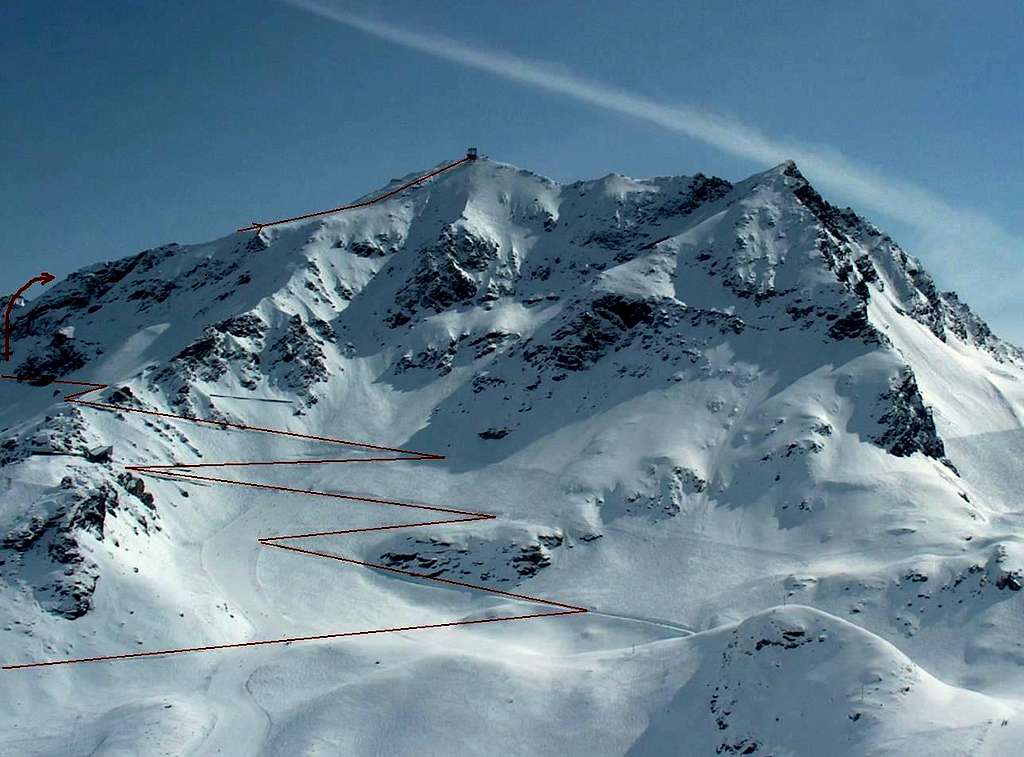 Aiguille Rouge: route marked in RED