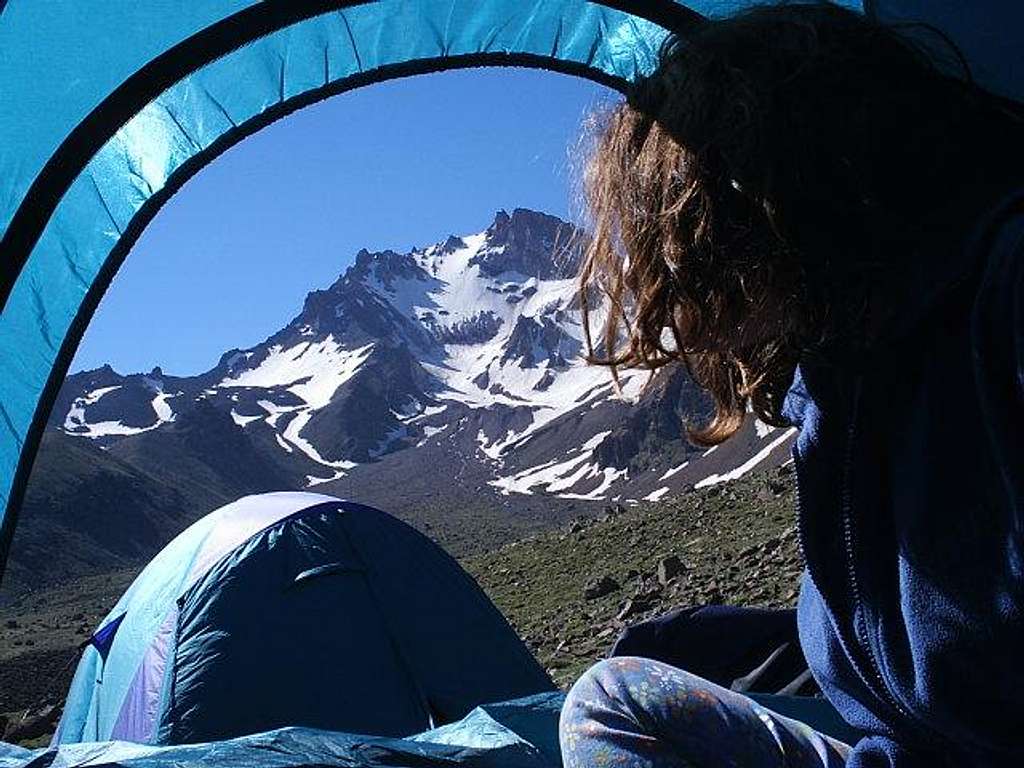 Face through the tent.