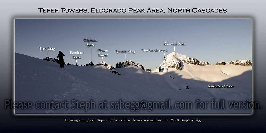 Labeled panorama of Tepeh Towers near Eldorado Peak.