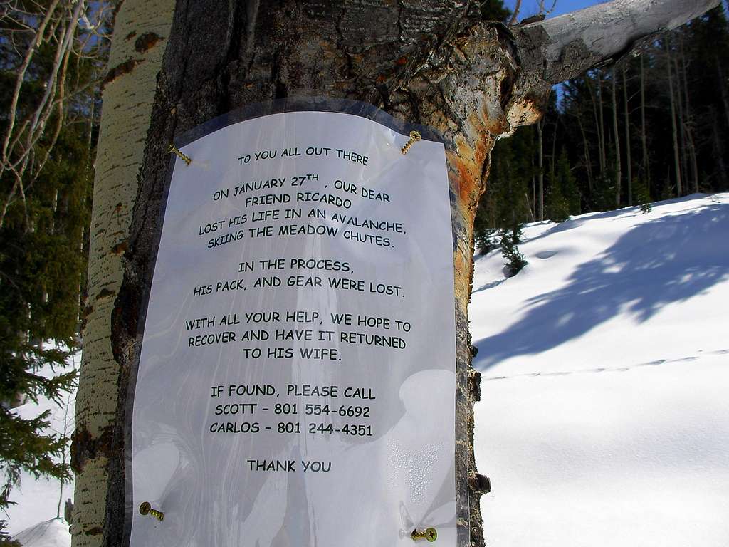Avalanche victim sign in Silver Fork