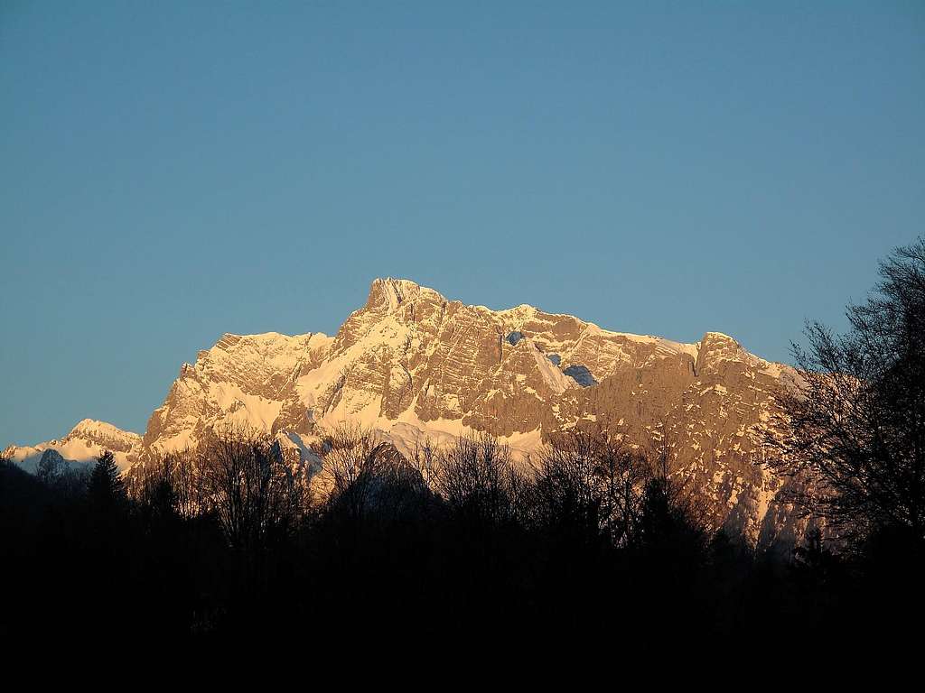 The Hochkalter (2607m) as seen from Berchtesgaden early in the morning in April 3