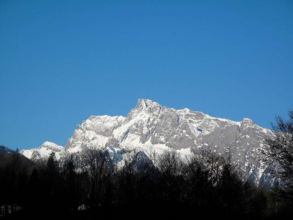 The Hochkalter (2607m) as seen from Berchtesgaden early in the morning in April 4