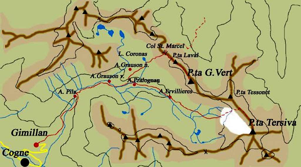 Routes to Tersiva and  to Punta G. Vert starting  from Gimillan