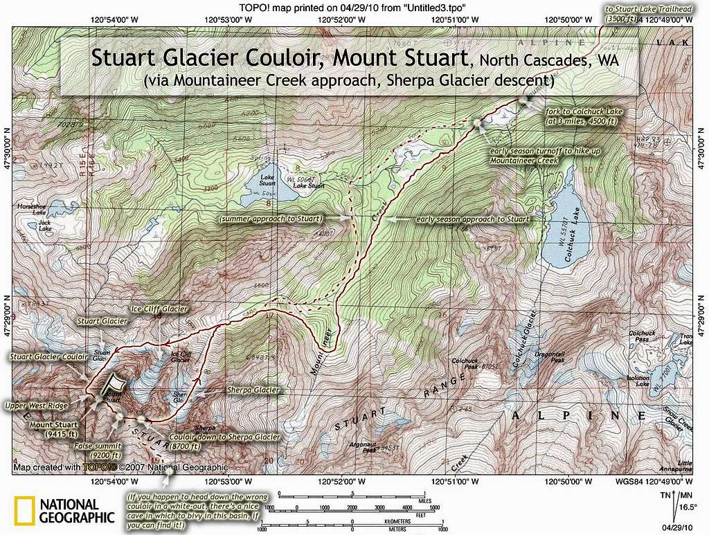 Map of approach to Mt. Stuart, North Cascades, WA