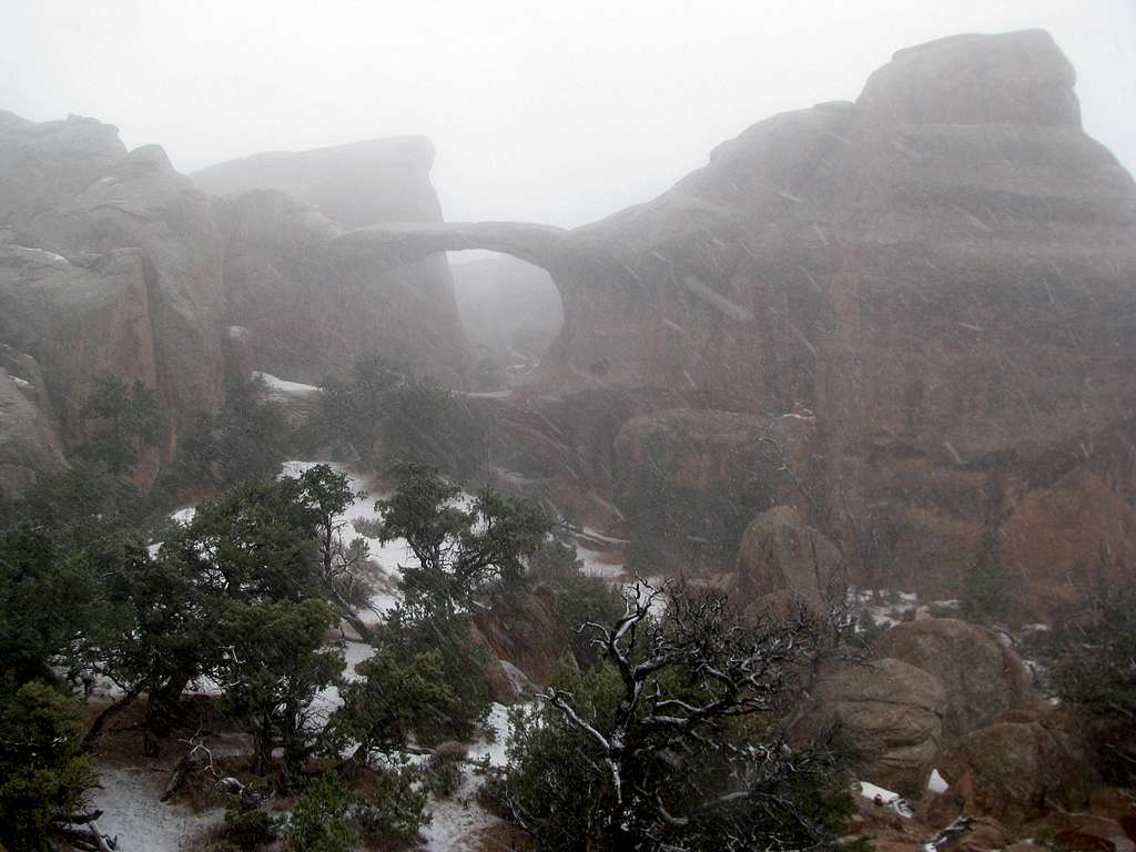 Double O Arch in a blizzard