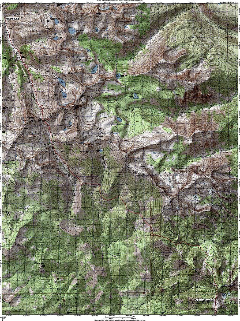 Route Map for Coyote Peaks from Mineral King