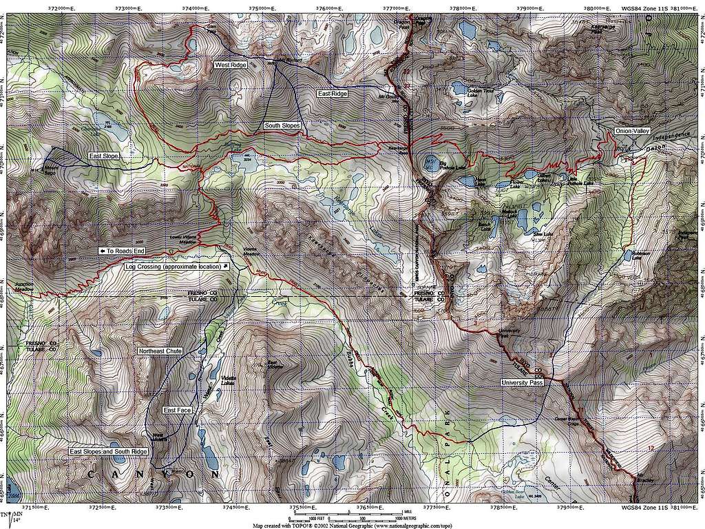 Rixford, Bago, and West Vidette Routes from Onion Valley